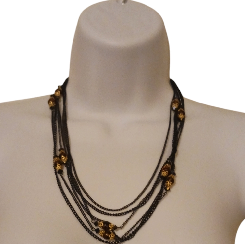 Vintage Triple Strand Beaded with Black Chain Necklace Made in Japan